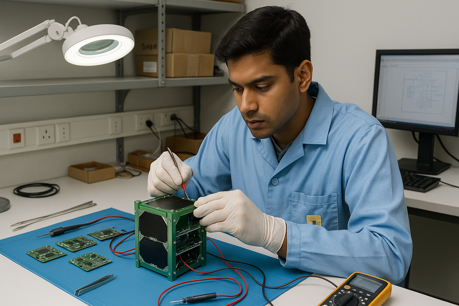 Engineer assembling satellite hardware